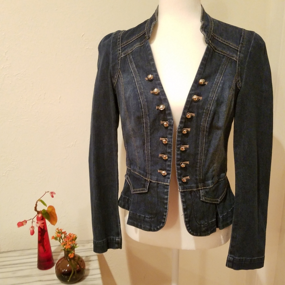 Military Style Peplum Denim Jean Jacket